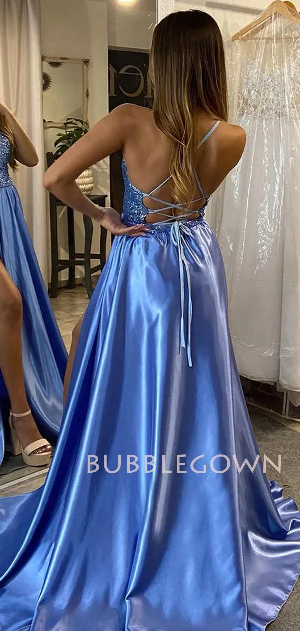 Sexy Backless A-Line Simple Blue Satin Long Evening Prom Dresses, MR7266