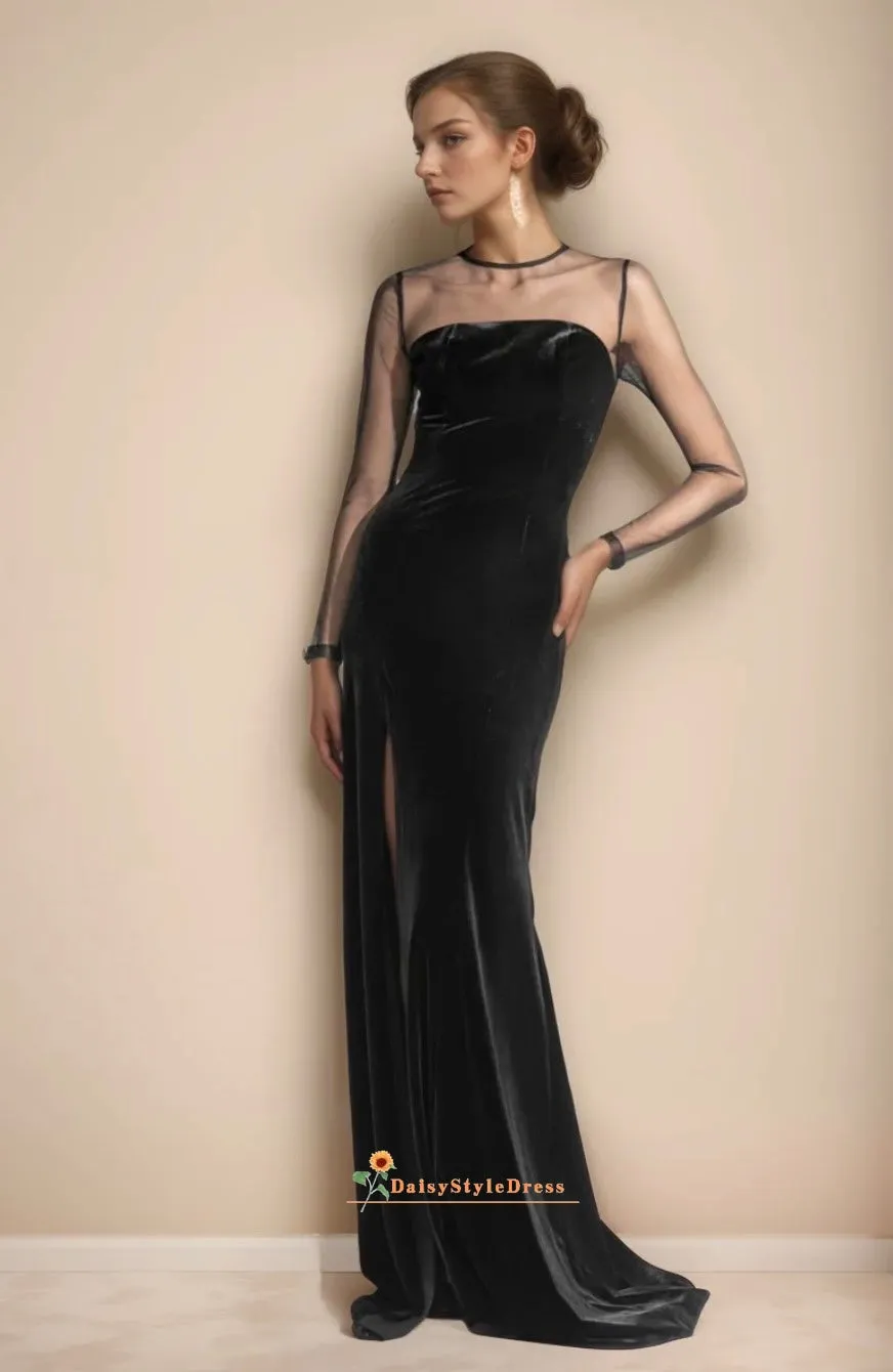 Sexy Slit Long Sleeve Black Velvet Evening Dress