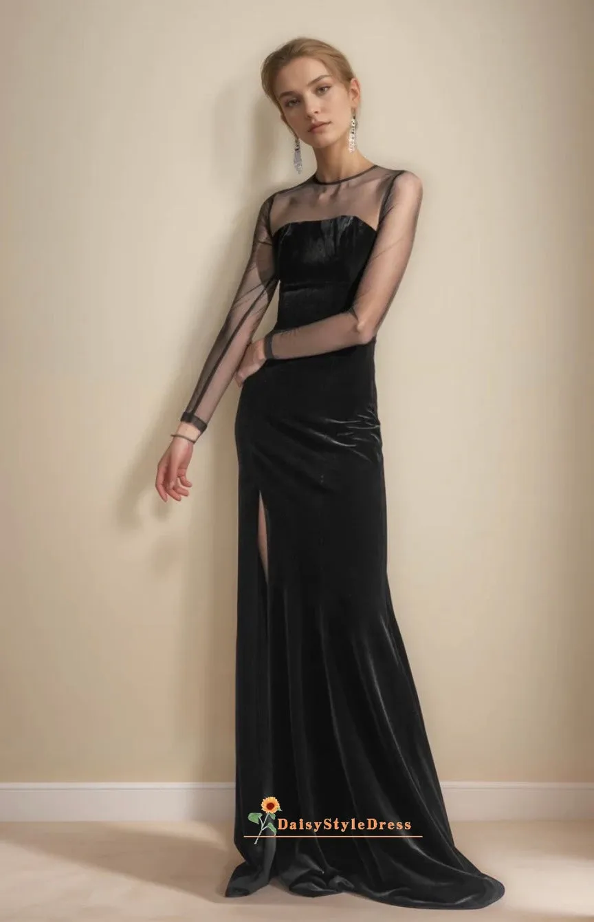 Sexy Slit Long Sleeve Black Velvet Evening Dress