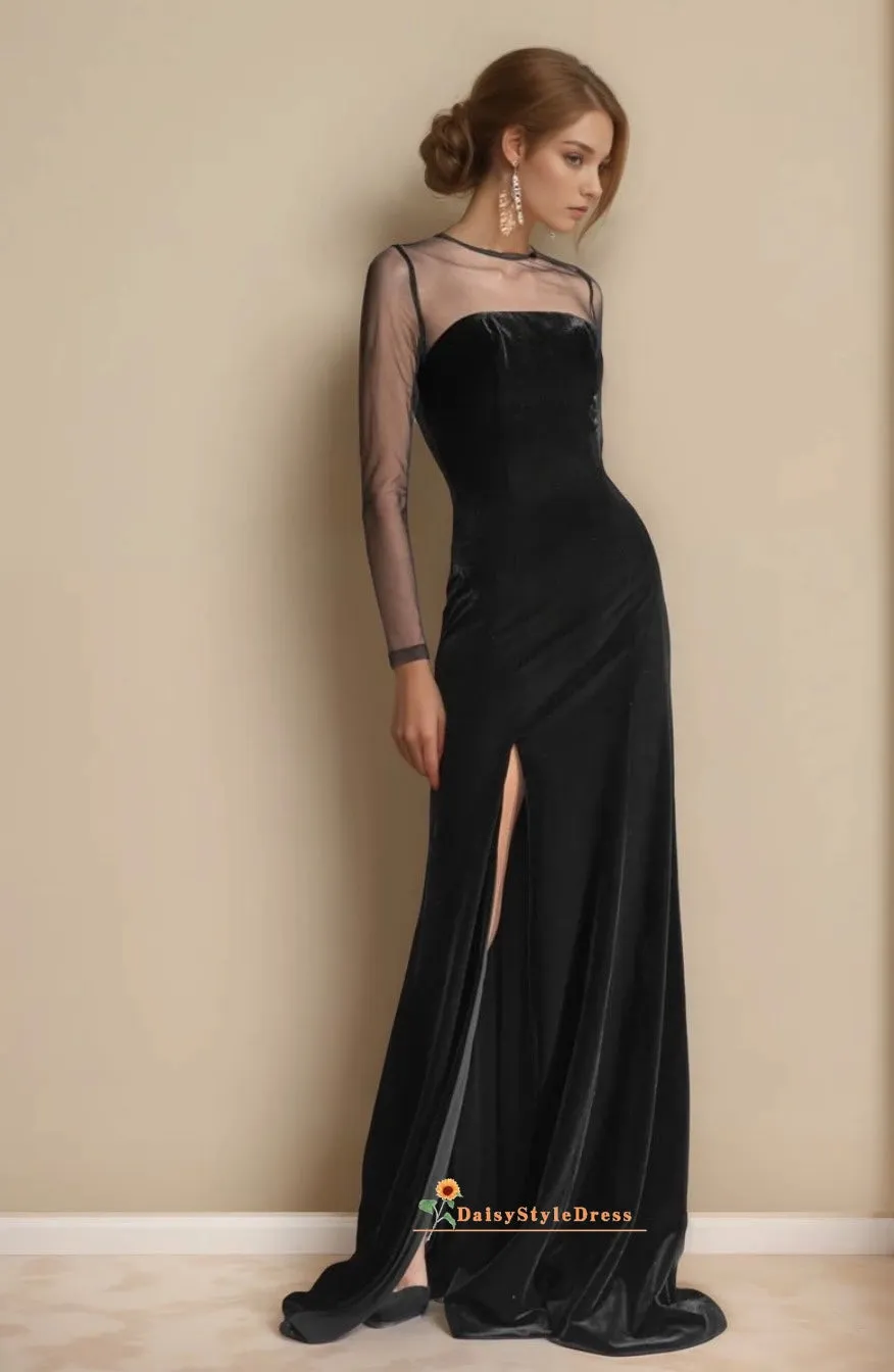 Sexy Slit Long Sleeve Black Velvet Evening Dress