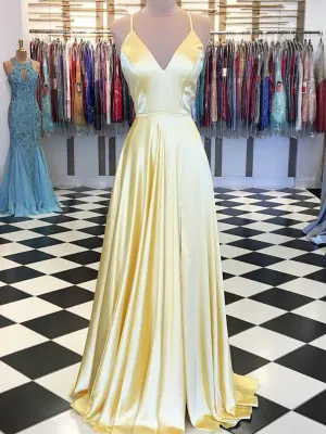 Sexy V neck A Line Yellow Long Prom Dresses Backless Simple Prom Evening Dress CTB1517