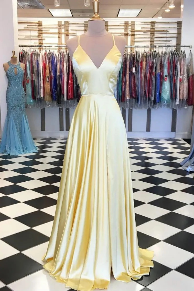 Sexy V neck A Line Yellow Long Prom Dresses Backless Simple Prom Evening Dress CTB1517