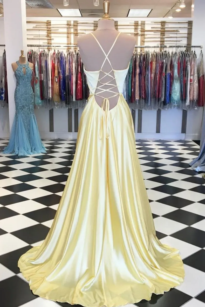Sexy V neck A Line Yellow Long Prom Dresses Backless Simple Prom Evening Dress CTB1517
