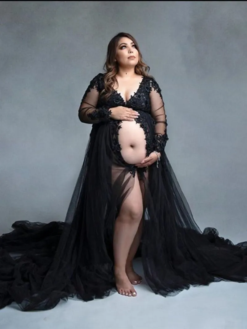 Sexy V Neck Lace Long Sleeve Maternity Dress Wedding Dress