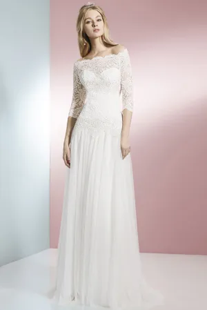 Sheath 3-4 Sleeve Off-The-Shoulder Lace Tulle Wedding Dress With Brush Train-MK_700338