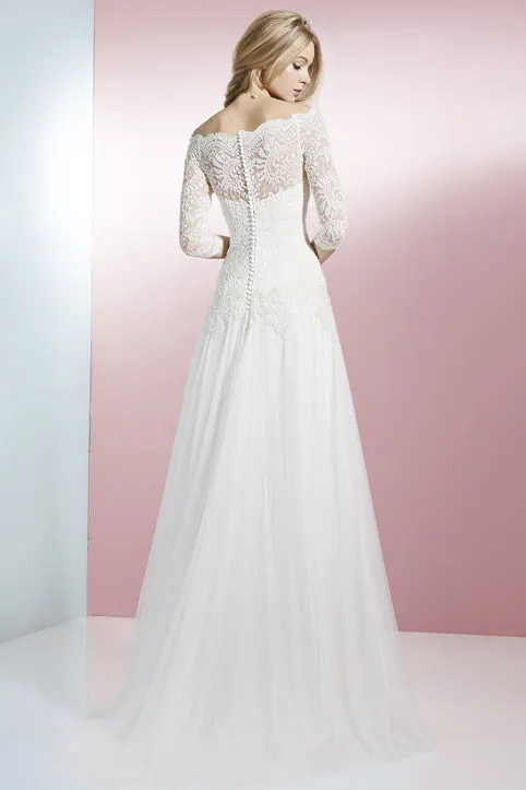 Sheath 3-4 Sleeve Off-The-Shoulder Lace Tulle Wedding Dress With Brush Train-MK_700338