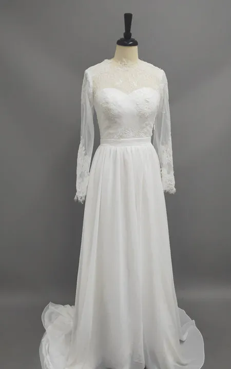 Sheath Long-Sleeve Jewel-Neck Chiffon Wedding Dress With Illusion-MK_703214