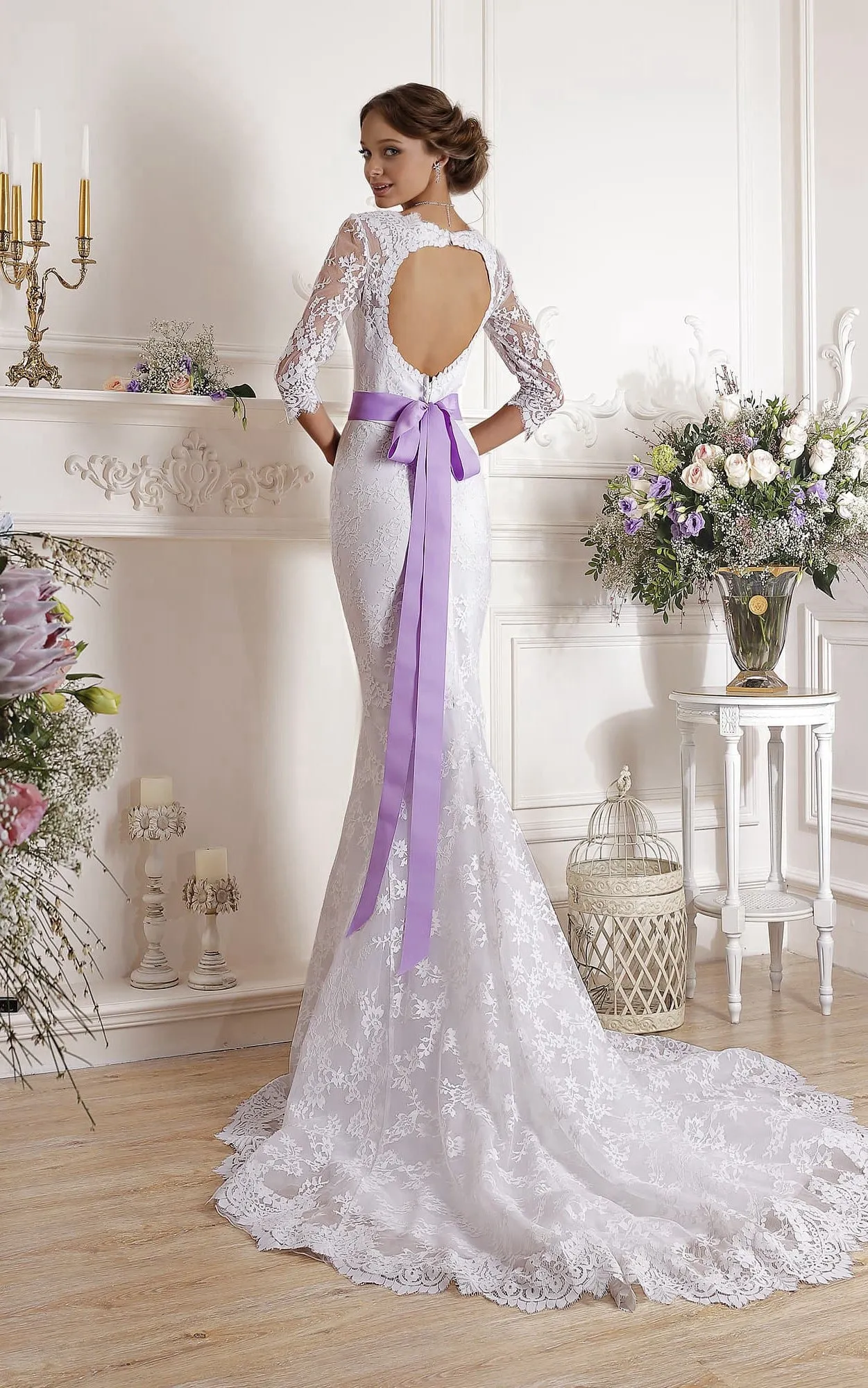 Sheath Long Square Illusion-Sleeve Keyhole Lace Dress With Ribbon-714371