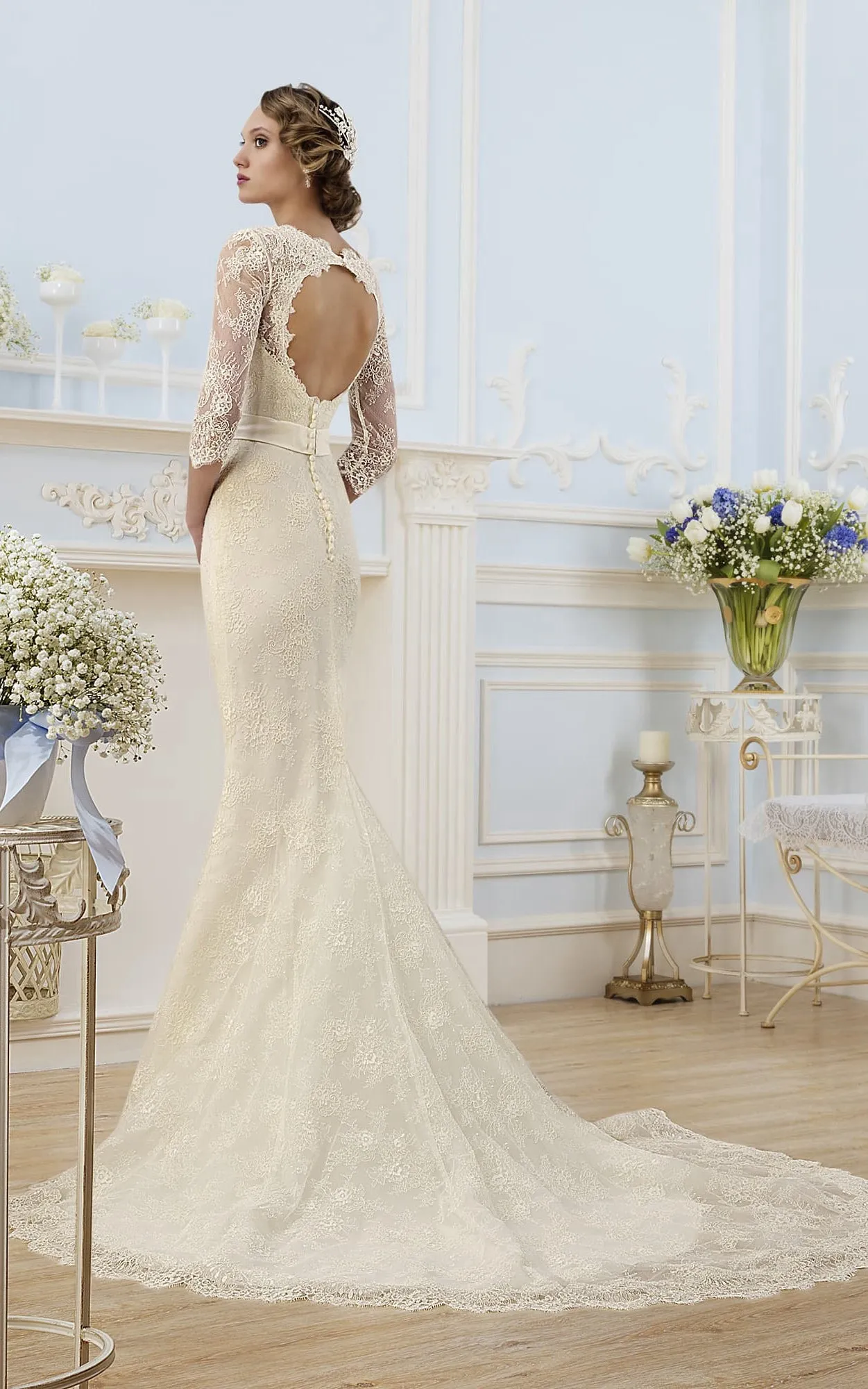 Sheath Long Square Illusion-Sleeve Keyhole Lace Dress With Ribbon-714371