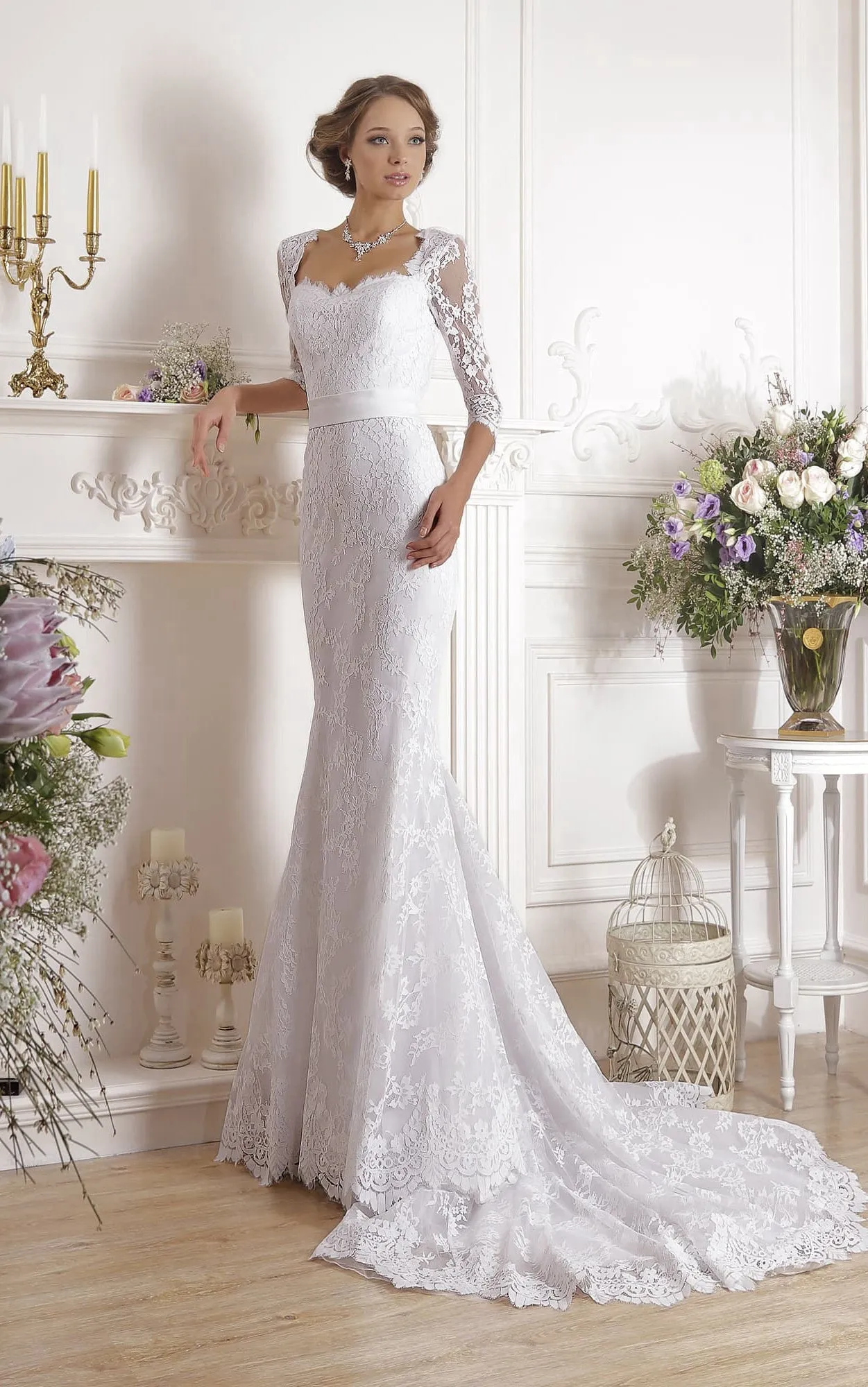 Sheath Long Square Illusion-Sleeve Keyhole Lace Dress With Ribbon-714371