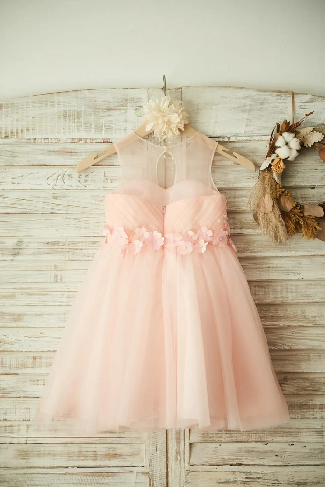 Sheer Neck Pink Tulle Wedding Flower Girl Dress, Beading / 3D Flower