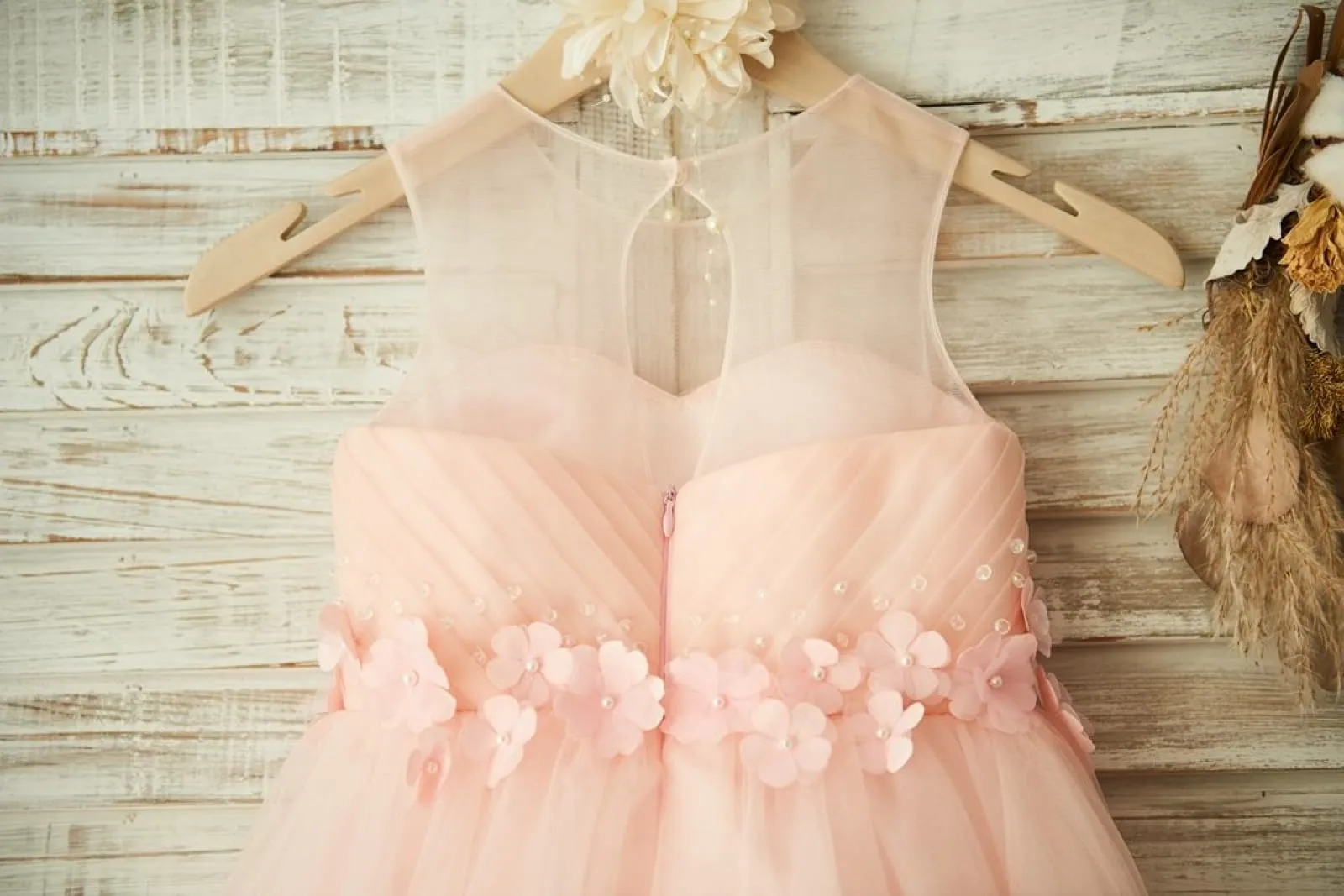 Sheer Neck Pink Tulle Wedding Flower Girl Dress, Beading / 3D Flower