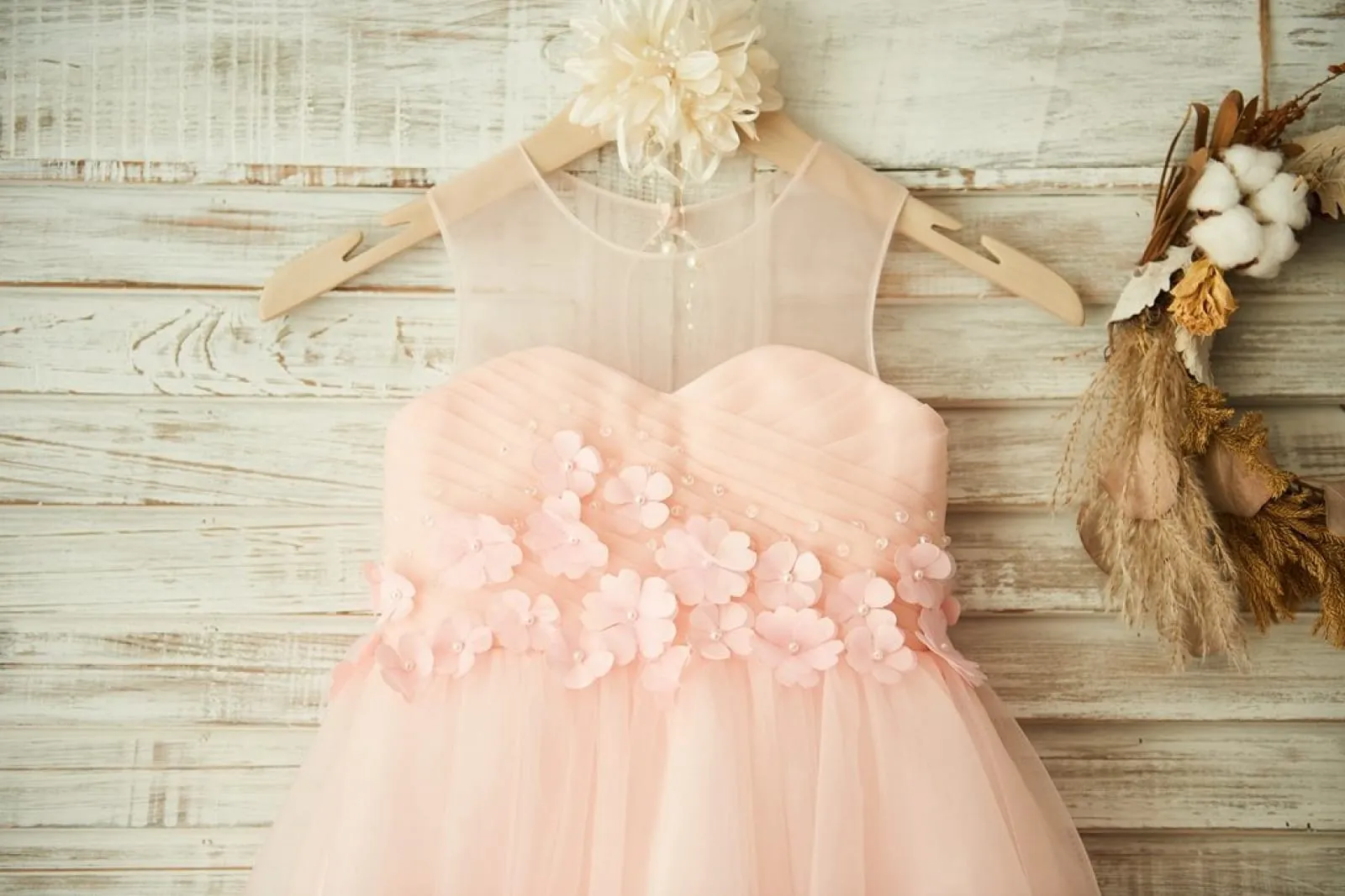 Sheer Neck Pink Tulle Wedding Flower Girl Dress, Beading / 3D Flower