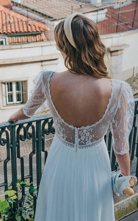 Short Simple Casual A-Line Boho Lace Mini Wedding Dress Vintage Half Sleeves Illusion Back Scalloped Neckline Bridal Gown