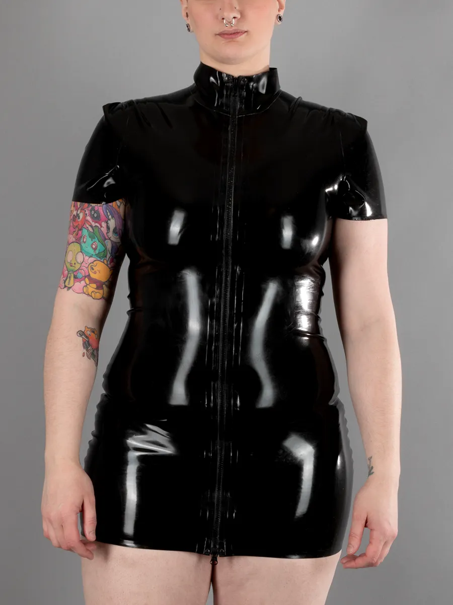 Short Sleeve Front Zip Latex Dress