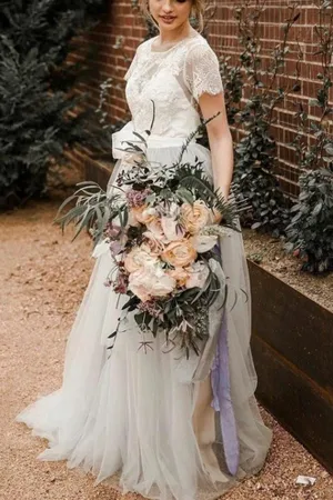 Short Sleeve Lace and Tulle Silver Country Wedding Dresses with Sash, MW308
