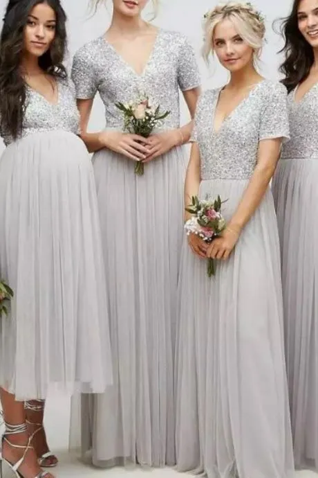 Short Sleeve Silver Sequins Bridesmaid Dress