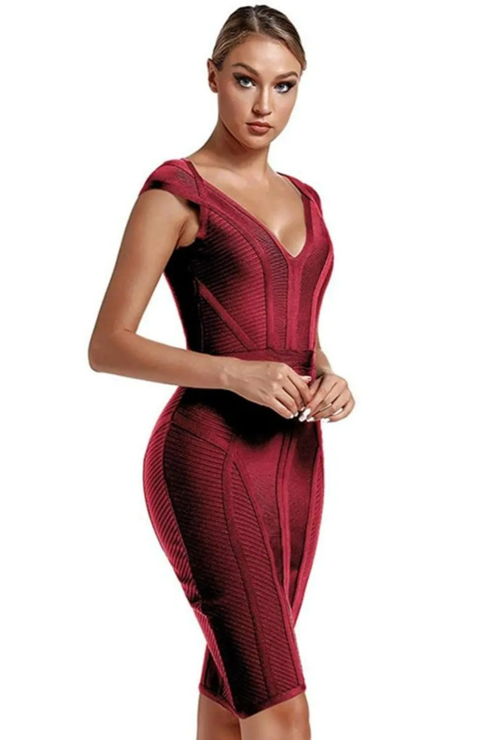 Short Sleeve Striped Red Bandage Mini Dress