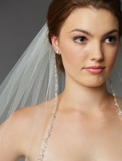 Silver Beaded Edge with Pearls 42" Long Fingertip Veil