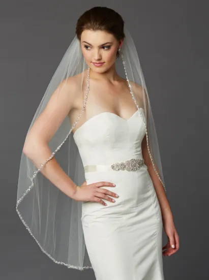 Silver Beaded Edge with Pearls 42" Long Fingertip Veil