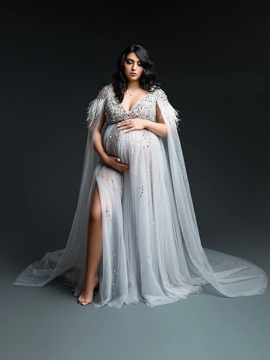 Silver Beading Tulle Evening Gown with Cape Maternity Dress for Photoshoot Photography Dress Lace Up Back