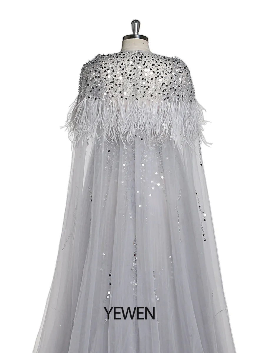 Silver Beading Tulle Evening Gown with Cape Maternity Dress for Photoshoot Photography Dress Lace Up Back