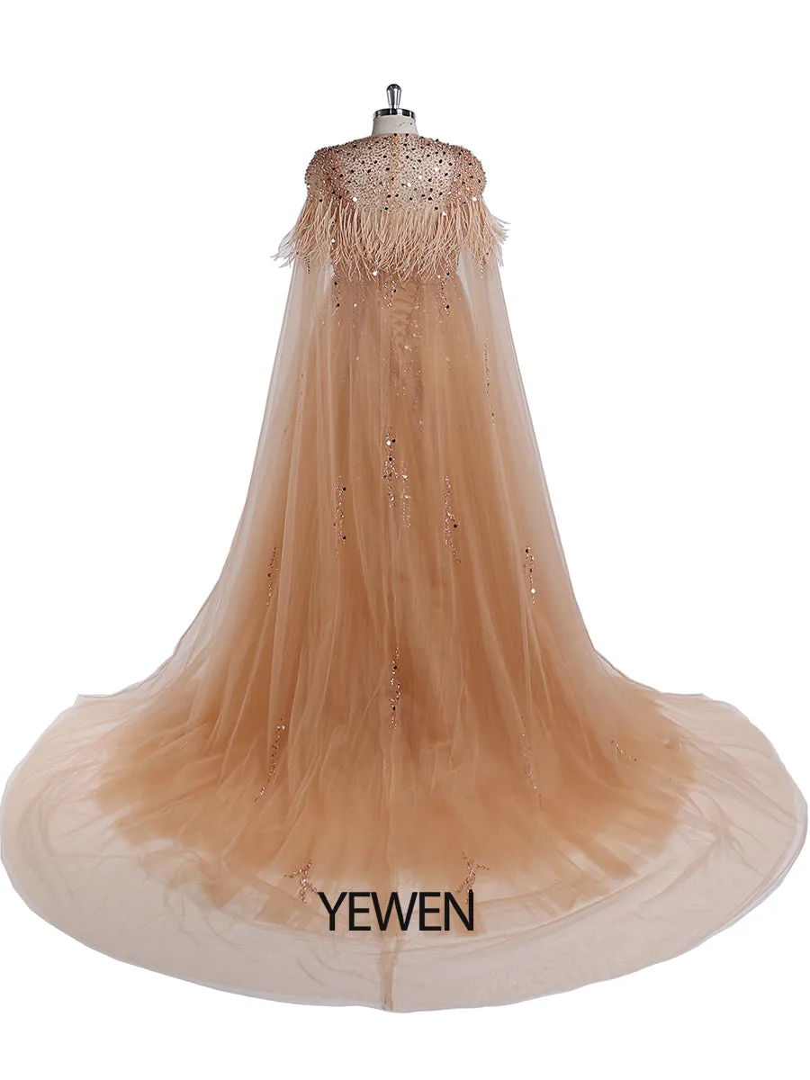 Silver Beading Tulle Evening Gown with Cape Maternity Dress for Photoshoot Photography Dress Lace Up Back