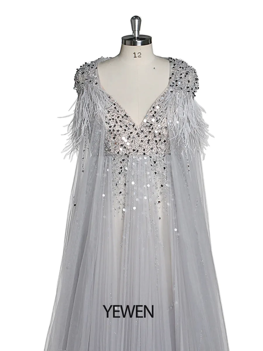 Silver Beading Tulle Evening Gown with Cape Maternity Dress for Photoshoot Photography Dress Lace Up Back