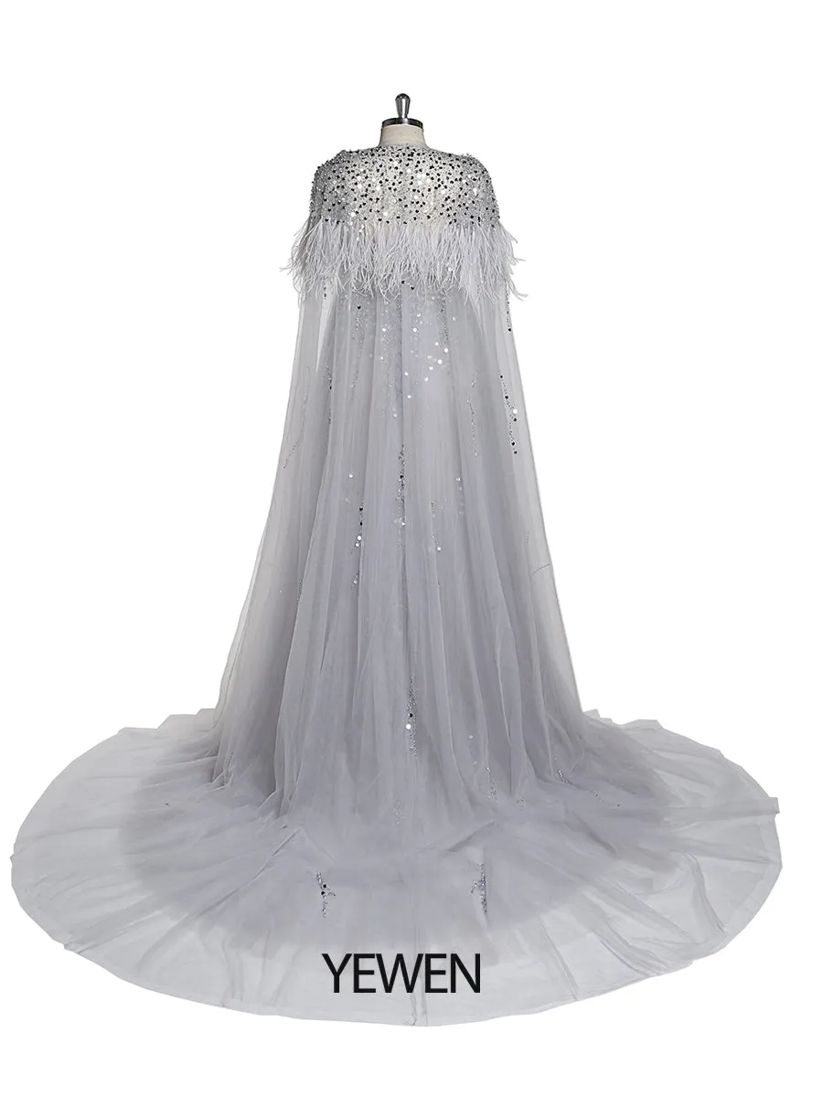 Silver Beading Tulle Evening Gown with Cape Maternity Dress for Photoshoot Photography Dress Lace Up Back