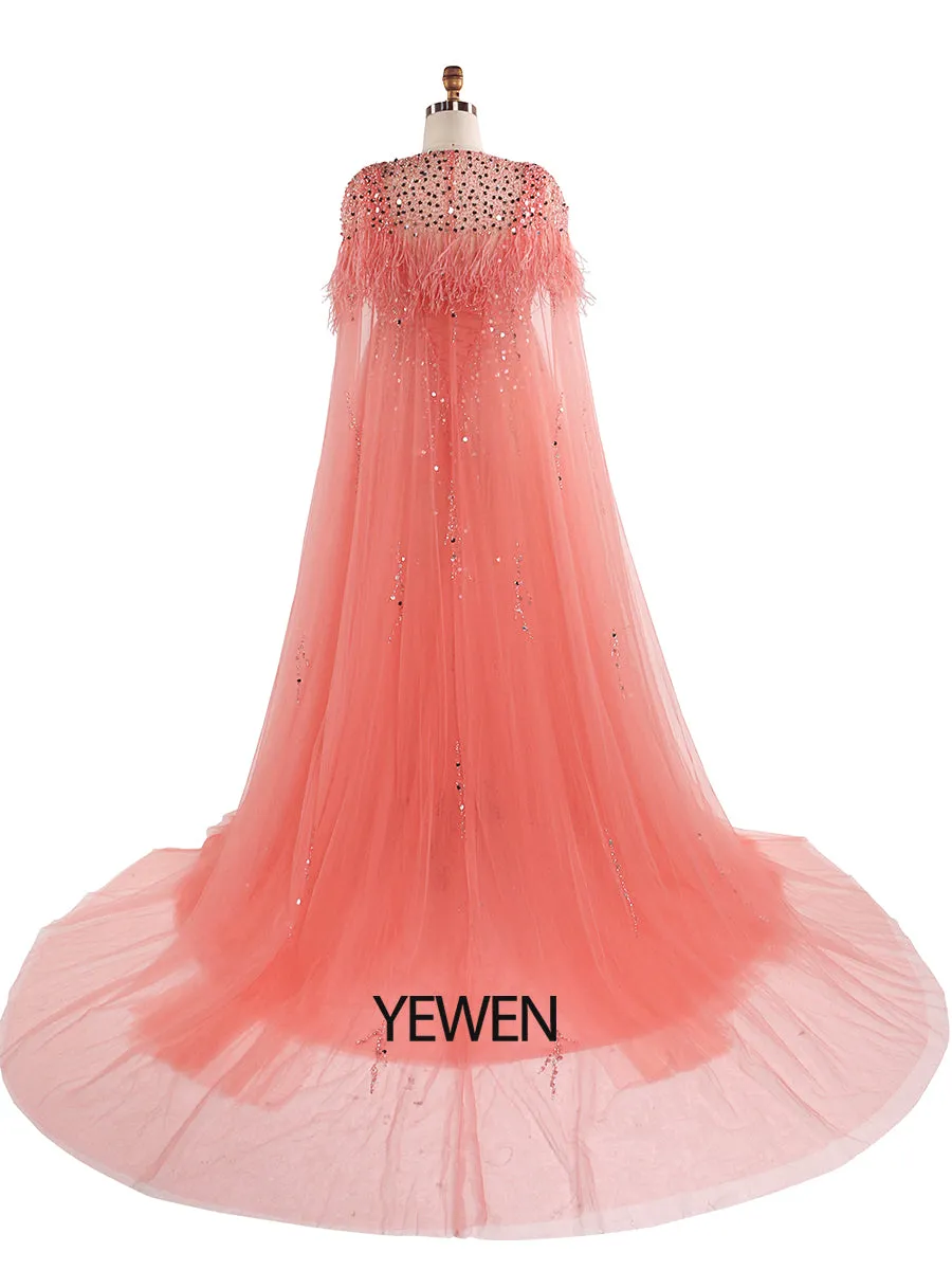 Silver Beading Tulle Evening Gown with Cape Maternity Dress for Photoshoot Photography Dress Lace Up Back
