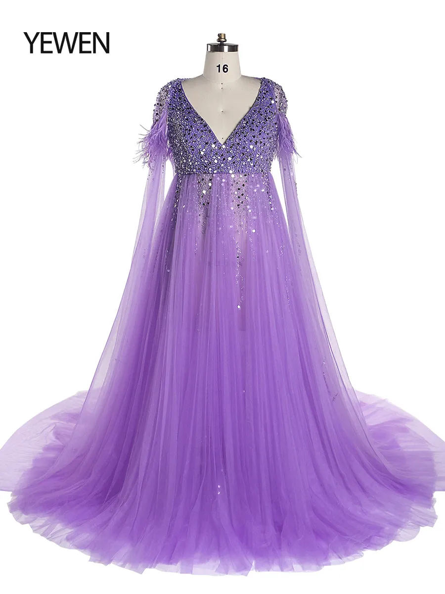 Silver Beading Tulle Evening Gown with Cape Maternity Dress for Photoshoot Photography Dress Lace Up Back