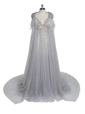 Silver Beading Tulle Evening Gown with Cape Maternity Dress for Photoshoot Photography Dress Lace Up Back