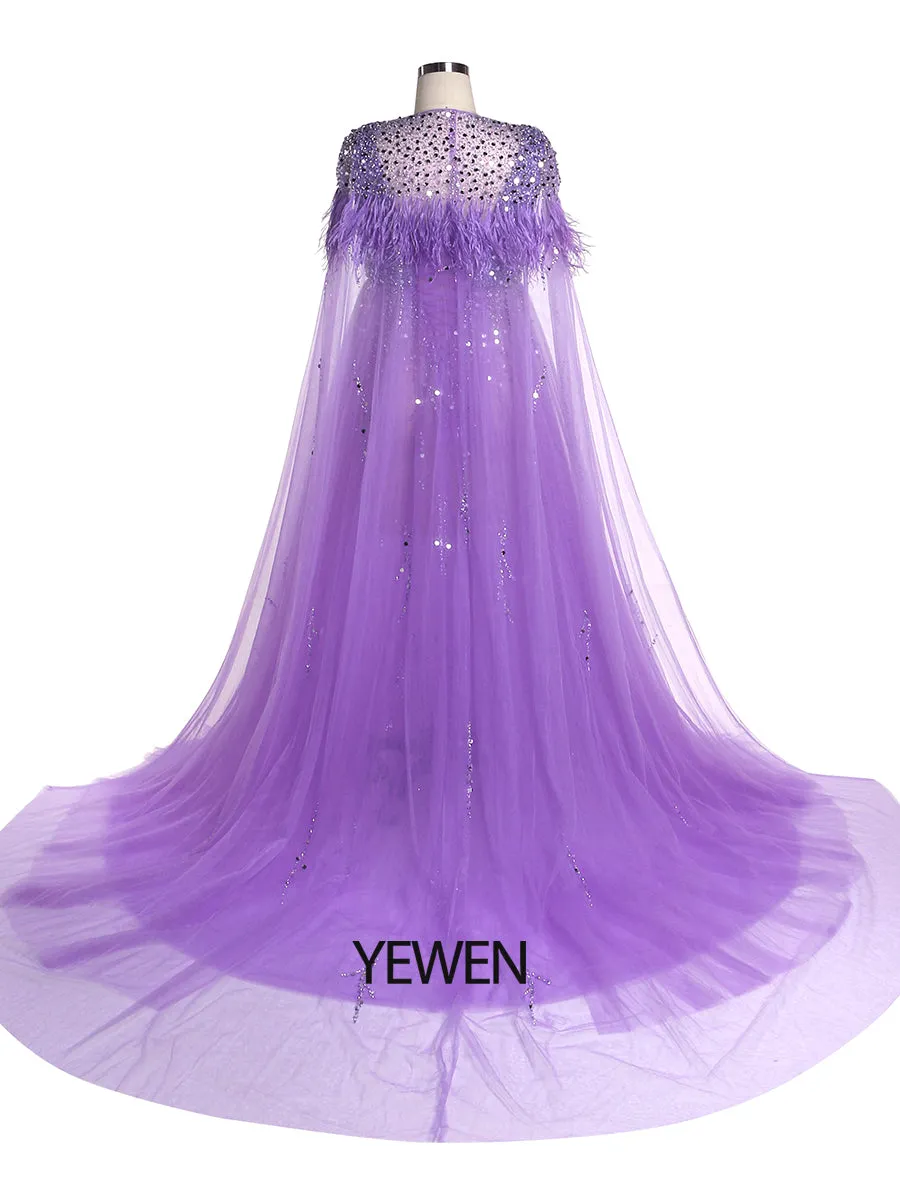 Silver Beading Tulle Evening Gown with Cape Maternity Dress for Photoshoot Photography Dress Lace Up Back