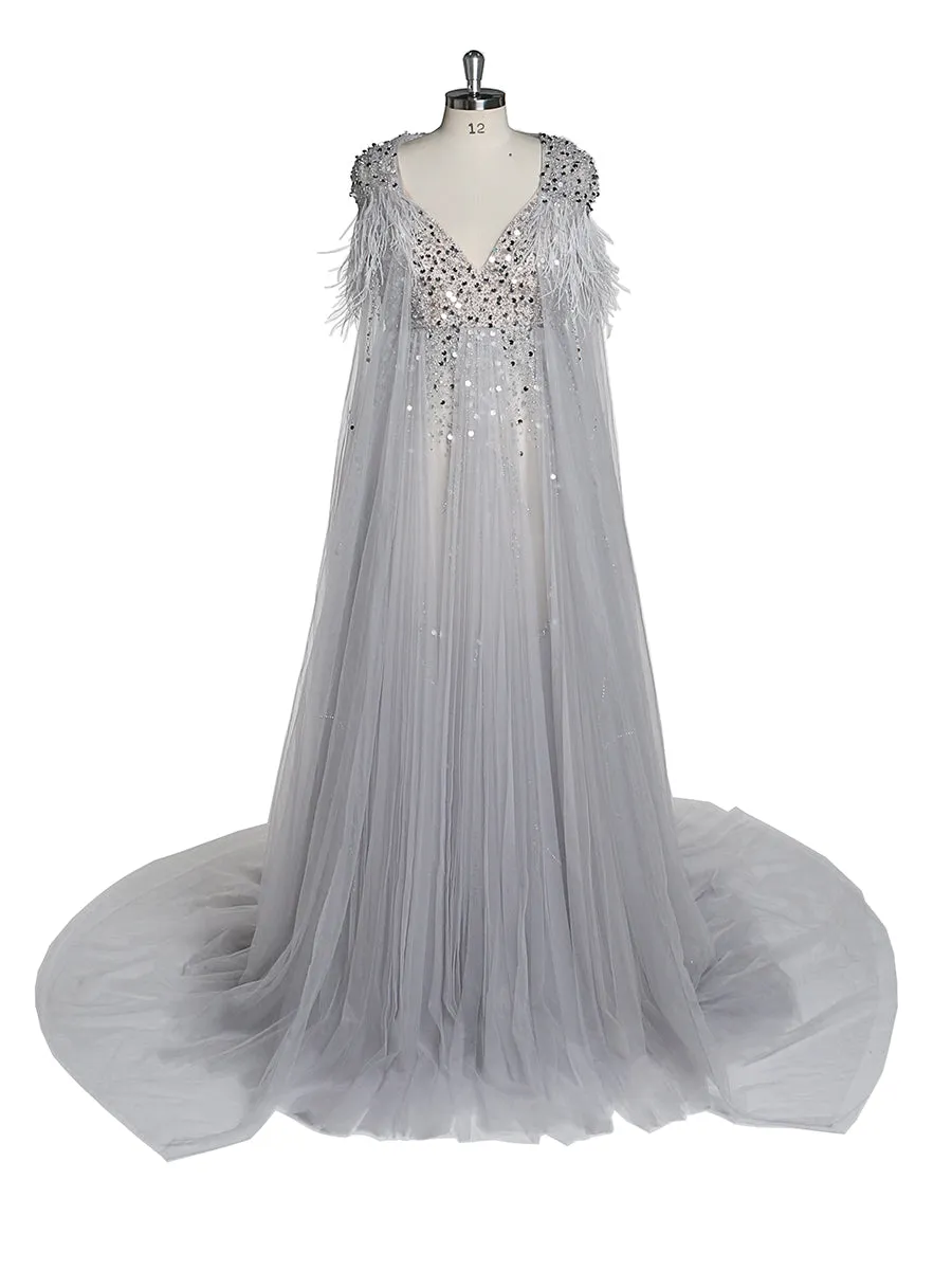 Silver Beading Tulle Evening Gown with Cape Maternity Dress for Photoshoot Photography Dress Lace Up Back