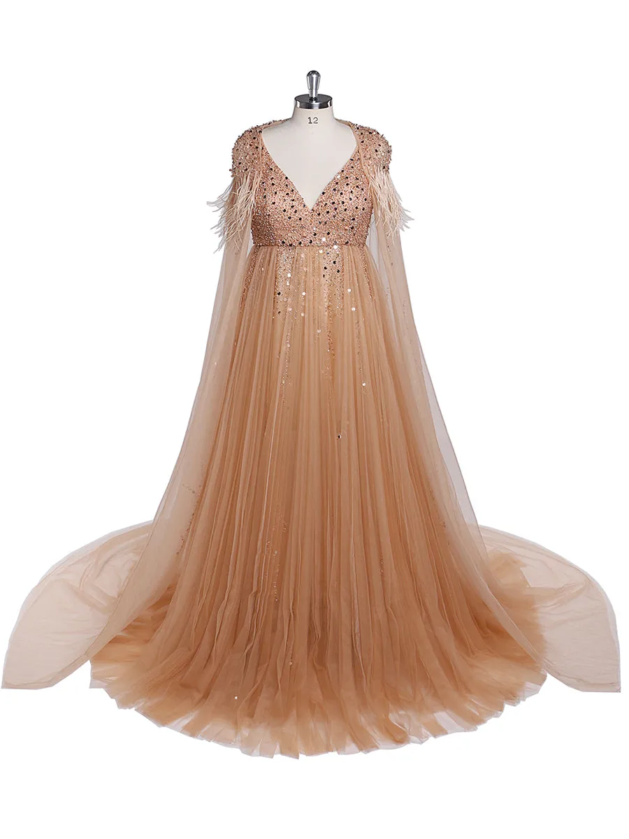 Silver Beading Tulle Evening Gown with Cape Maternity Dress for Photoshoot Photography Dress Lace Up Back
