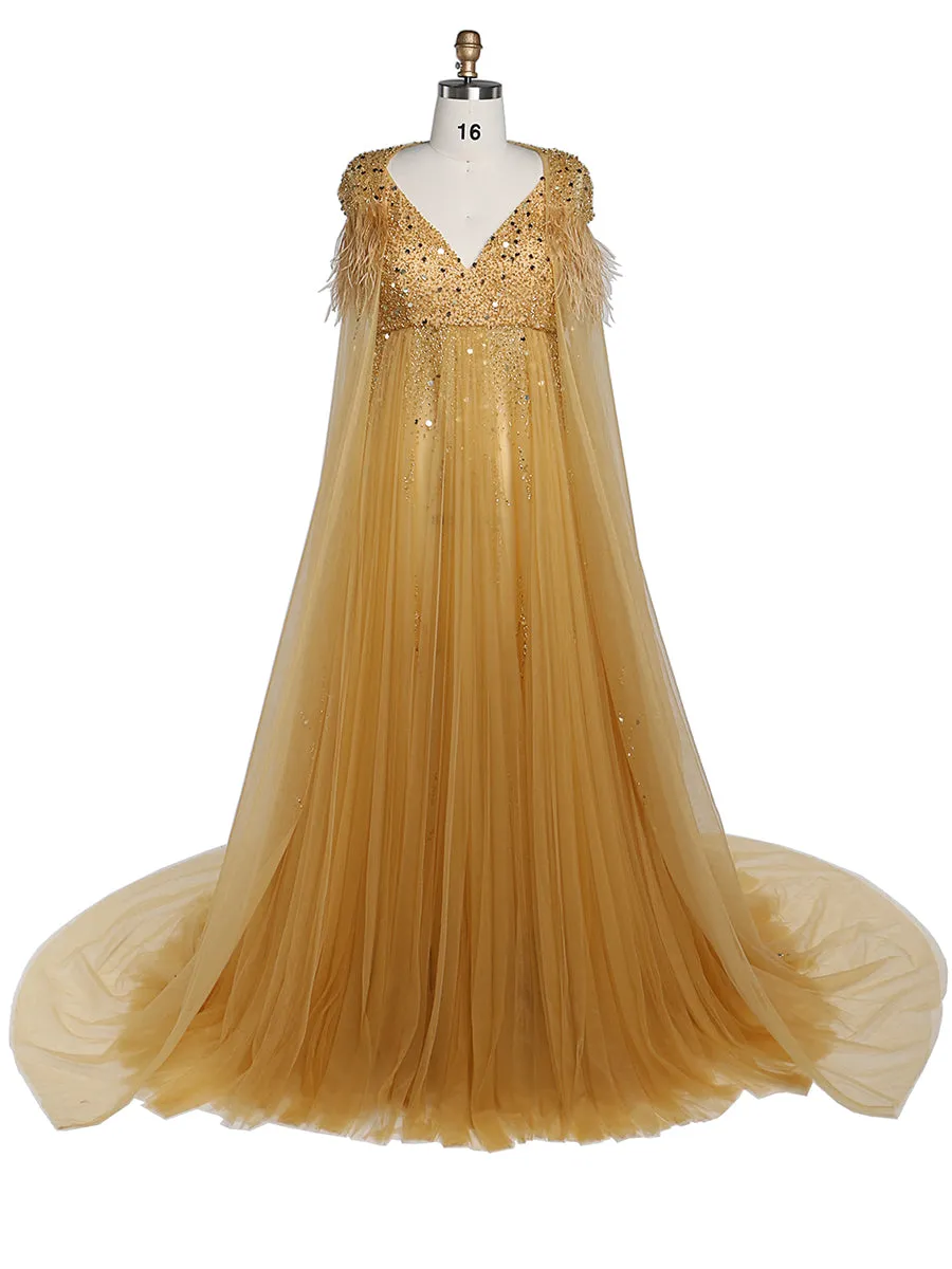 Silver Beading Tulle Evening Gown with Cape Maternity Dress for Photoshoot Photography Dress Lace Up Back