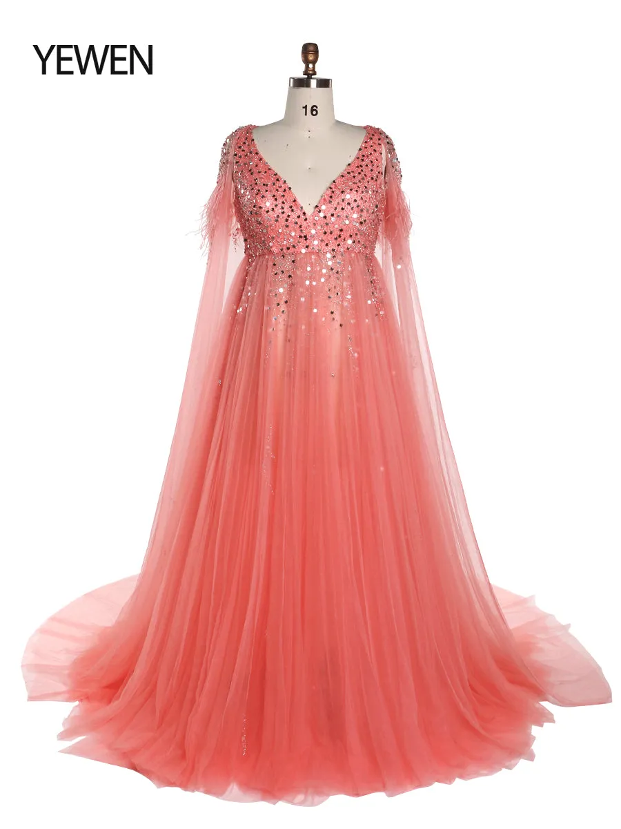 Silver Beading Tulle Evening Gown with Cape Maternity Dress for Photoshoot Photography Dress Lace Up Back