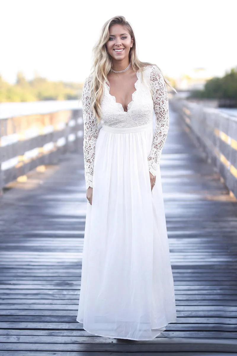 Simple Boho Illusion Lace Long Sleeve V Neck Wedding Dress With Open Back-715812