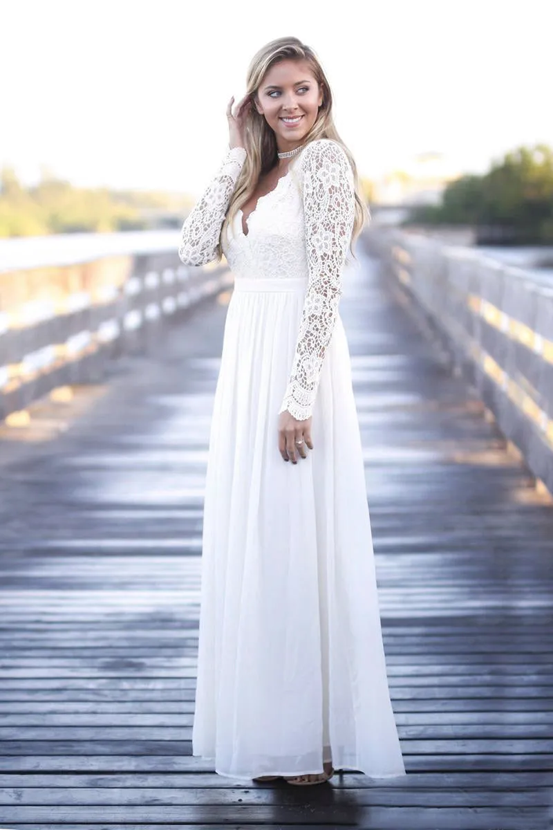 Simple Boho Illusion Lace Long Sleeve V Neck Wedding Dress With Open Back-715812