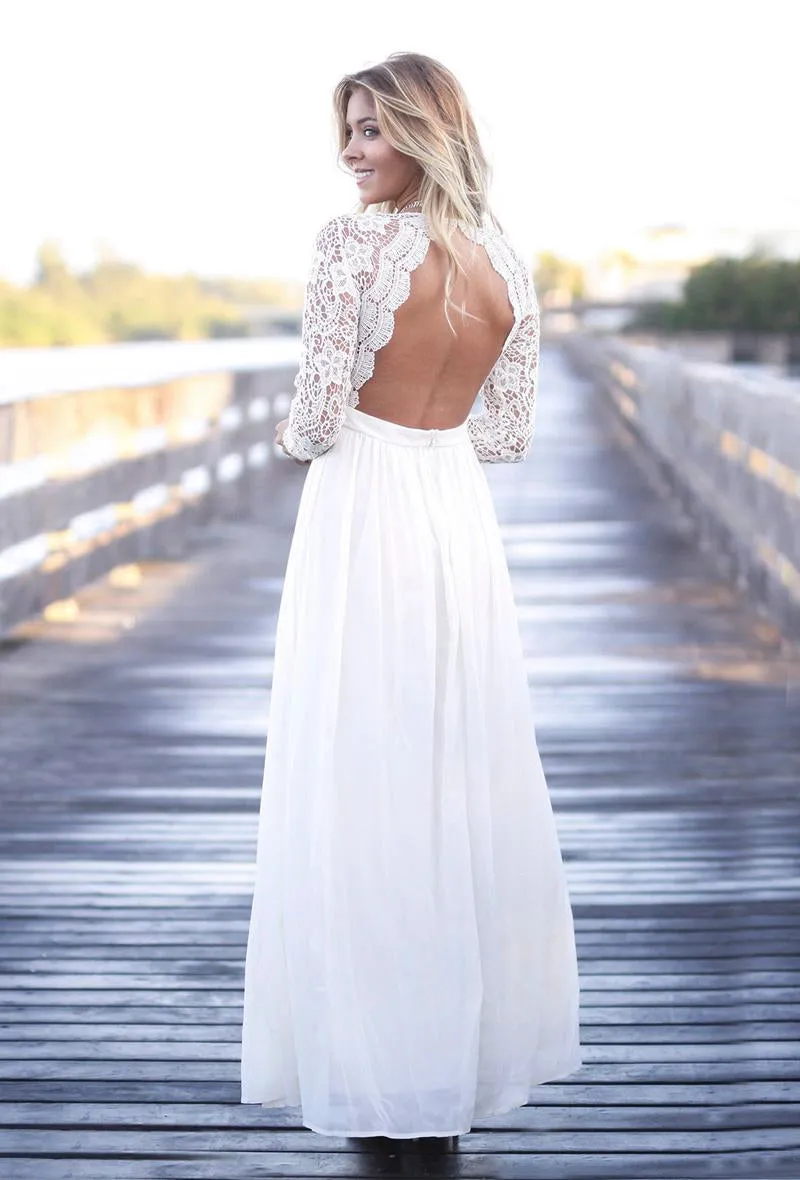 Simple Boho Illusion Lace Long Sleeve V Neck Wedding Dress With Open Back-715812
