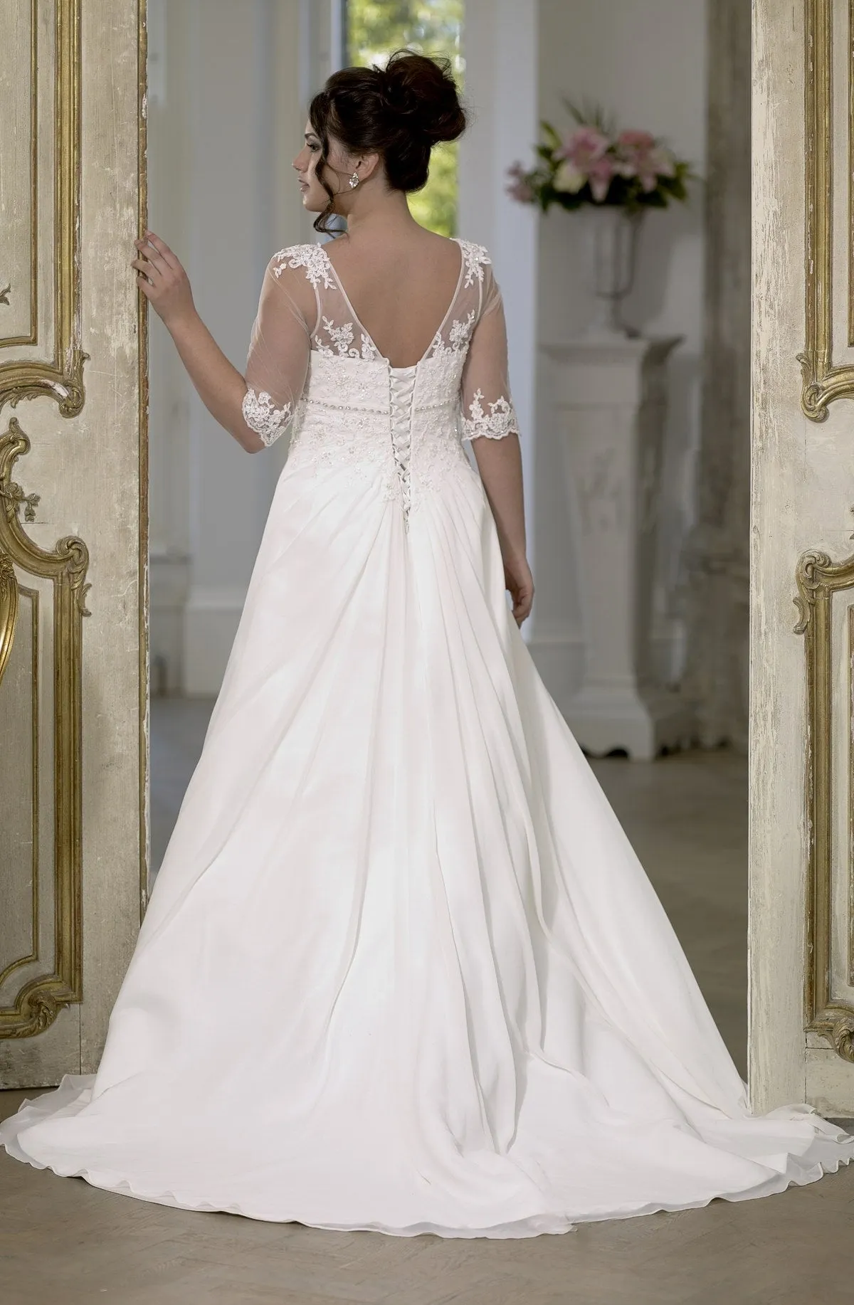 Simple Half Sleeve Empire Sweep Train Low-V Back Wedding Dress-714819