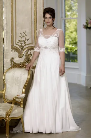 Simple Half Sleeve Empire Sweep Train Low-V Back Wedding Dress-714819