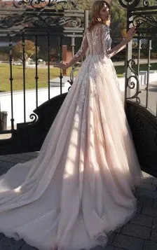 Simple Jewel Long Sleeve Brush Train Tulle Ball Gown Wedding Dress with Appliques-716261