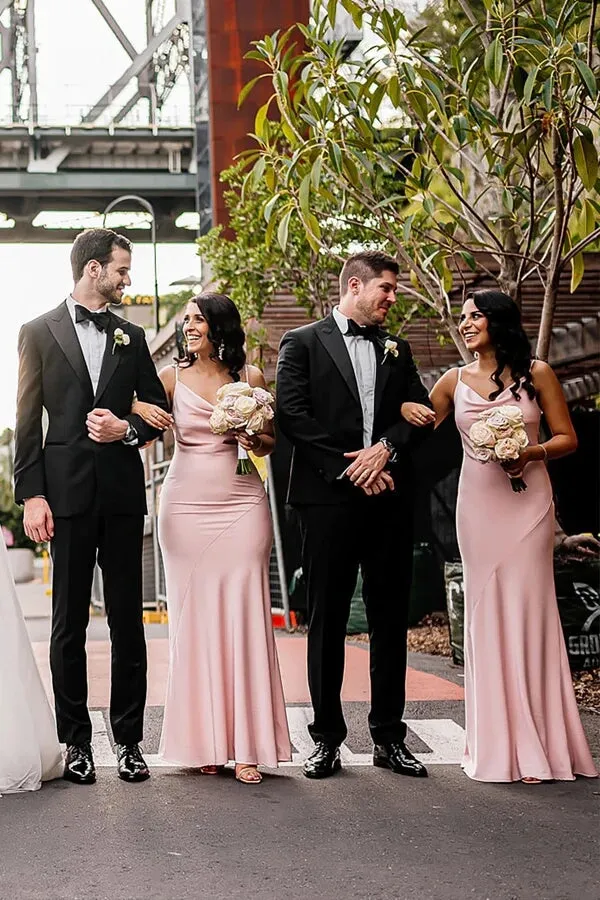Simple Light Pink Sheath Cowl Neck Spaghetti Straps Bridesmaid Dresses, MBD228