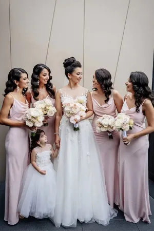 Simple Light Pink Sheath Cowl Neck Spaghetti Straps Bridesmaid Dresses, MBD228
