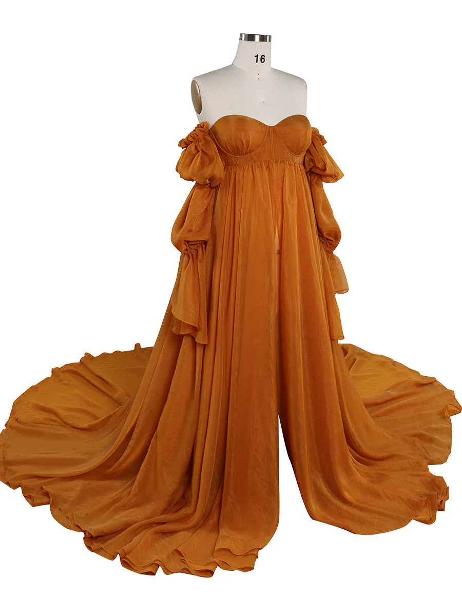 Solid Color Silk Organza Maternity/ Non Maternity Gown for Photoshoot Detachable Sleeves Fancy Photography Photo Shoot Dress Props YW221105