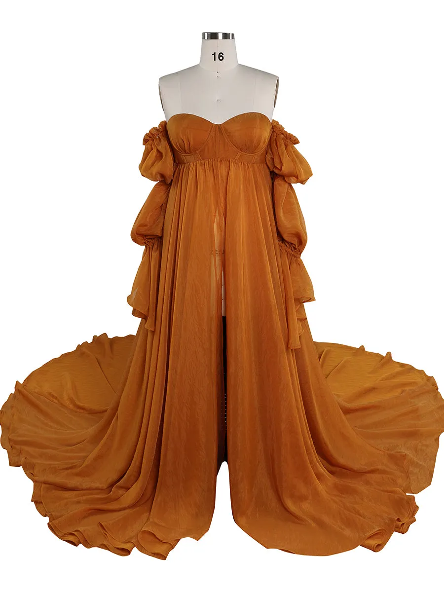 Solid Color Silk Organza Maternity/ Non Maternity Gown for Photoshoot Detachable Sleeves Fancy Photography Photo Shoot Dress Props YW221105
