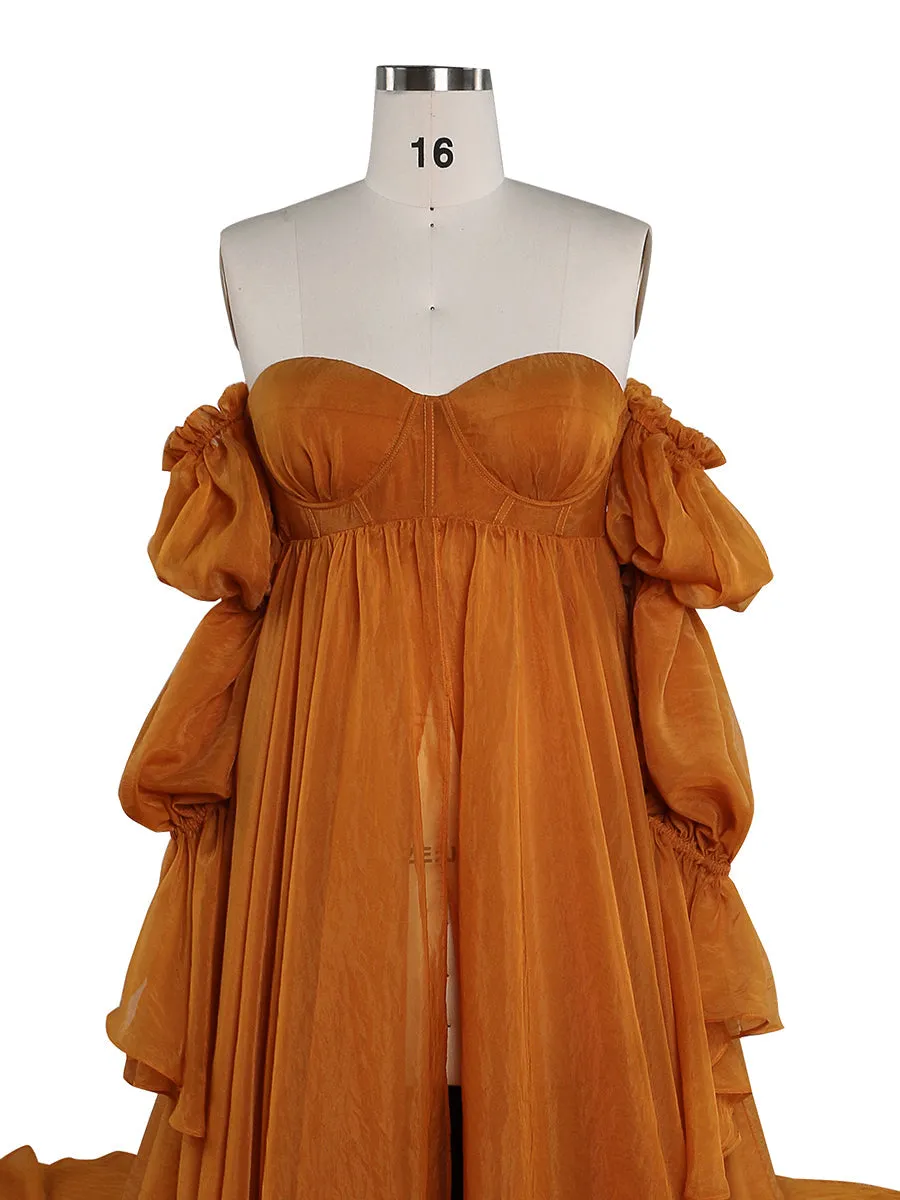 Solid Color Silk Organza Maternity/ Non Maternity Gown for Photoshoot Detachable Sleeves Fancy Photography Photo Shoot Dress Props YW221105