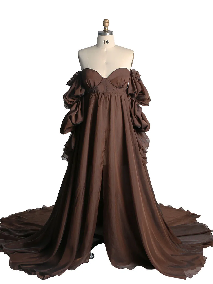 Solid Color Silk Organza Maternity/ Non Maternity Gown for Photoshoot Detachable Sleeves Fancy Photography Photo Shoot Dress Props YW221105