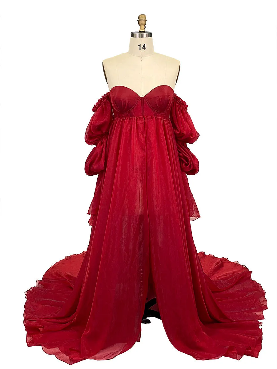 Solid Color Silk Organza Maternity/ Non Maternity Gown for Photoshoot Detachable Sleeves Fancy Photography Photo Shoot Dress Props YW221105
